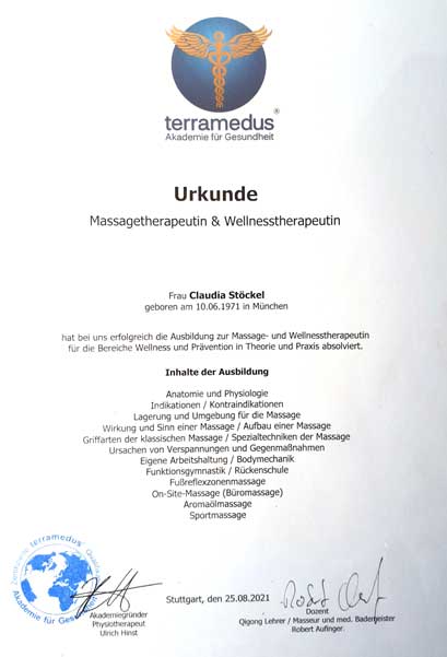 Urkunde für Masseurin Claudia Stöckel als Massagetherapeutin & Wellnesstherapeutin